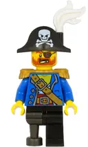 Minifigurka: PI185:  Pirate Captain - Male, Bicorne Hat with Skull and Crossbones and White Plume, Pearl Gold Epaulettes, Blue Open Coat, Black Leg and Pearl Dark Gray Peg Leg