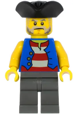 PI186:  Pirate - Male, Black Tricorne Hat, Blue Vest over Red and White Striped Shirt, Dark Bluish Gray Legs