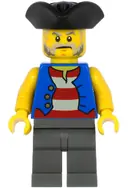 Minifigurka: PI186:  Pirate - Male, Black Tricorne Hat, Blue Vest over Red and White Striped Shirt, Dark Bluish Gray Legs