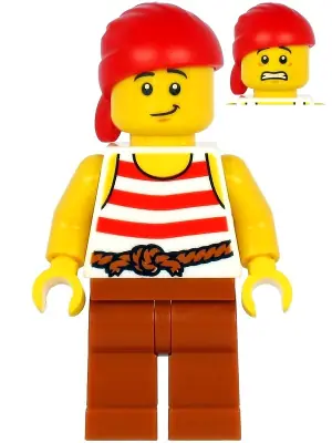 PI187:  Pirate - Male, Red Bandana, White Tank Top with Red Stripes, Rope Belt, Dark Orange Legs