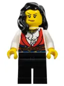 Minifigurka: PI189:  Pirate - Female, Black Legs, Red Vest over White Shirt, Black Hair