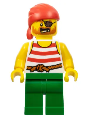 PI190:  Pirate - Male, Red Bandana, White Shirt with Red Stripes, Green Legs, Eye Patch