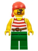 Minifigurka: PI190:  Pirate - Male, Red Bandana, White Shirt with Red Stripes, Green Legs, Eye Patch