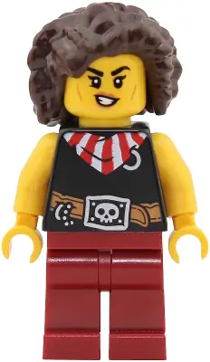 PI200:  Pirate - Female, Black Top with Red and White Striped Bandana, Dark Red Legs, Dark Brown Hair