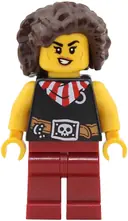 Minifigurka: PI200:  Pirate - Female, Black Top with Red and White Striped Bandana, Dark Red Legs, Dark Brown Hair