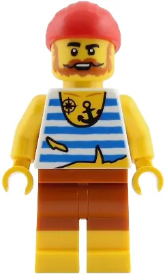 PI201:  Pirate - Male, White Shirt with Tattered Hem and Blue Stripes, Dark Orange Shorts, Full Beard, Red Bandana