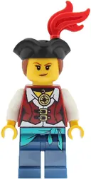 Minifigurka: PI202:  Pirate - Female, Dark Red Vest over White Shirt, Dark Blue Legs with Sash, Red Plume, Black Tricorne, Reddish Brown Hair