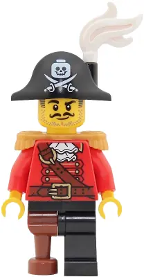 PI203:  Pirate Captain - Male, Pearl Gold Epaulettes, Red Coat with White Ruffled Collar, Black Leg and Reddish Brown Peg Leg, White Plume, Black Bicorne with Skull and Cutlasses