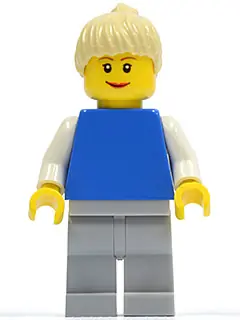 PLN158:  Plain Blue Torso with White Arms, Light Bluish Gray Legs, Tan Ponytail Hair