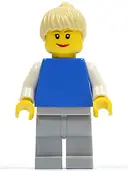 Minifigurka: PLN158:  Plain Blue Torso with White Arms, Light Bluish Gray Legs, Tan Ponytail Hair
