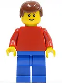 Minifigurka: PLN168:  Plain Red Torso with Red Arms, Blue Legs, Reddish Brown Male Hair, Brown Eyebrows, Thin Grin