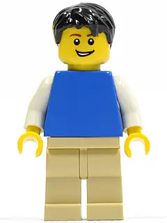 PLN172:  Plain Blue Torso with White Arms, Tan Legs, Black Short Tousled Hair