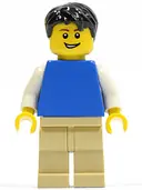 Minifigurka: PLN172:  Plain Blue Torso with White Arms, Tan Legs, Black Short Tousled Hair