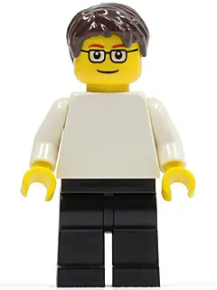 PLN176:  Plain White Torso with White Arms, Black Legs, Dark Brown Short Tousled Hair, Glasses