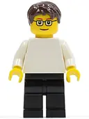 Minifigurka: PLN176:  Plain White Torso with White Arms, Black Legs, Dark Brown Short Tousled Hair, Glasses