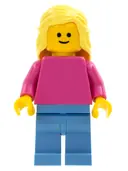 Minifigurka: PLN185:  Plain Dark Pink Torso with Dark Pink Arms, Medium Blue Legs, Bright Light Yellow Female Hair Mid-Length