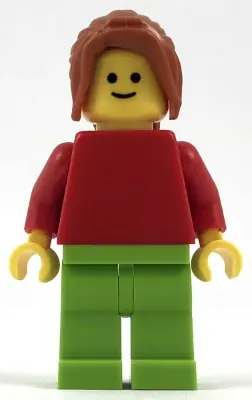 PLN187:  Plain Red Torso with Red Arms, Lime Legs, Dark Orange Female Ponytail Long