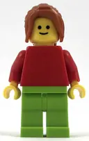 Minifigurka: PLN187:  Plain Red Torso with Red Arms, Lime Legs, Dark Orange Female Ponytail Long