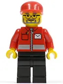 Minifigurka: POST006:  Post Office White Envelope and Stripe, Black Legs, Red Cap, Beard and Glasses