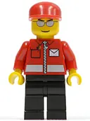 Minifigurka: POST007:  Post Office White Envelope and Stripe, Black Legs, Red Cap, Silver Sunglasses