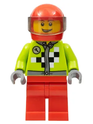 RAC054:  Lime Jacket with Wrench and Black and White Checkered Pattern, Red Legs, Red Helmet, Trans-Brown Visor