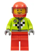 Minifigurka: RAC054:  Lime Jacket with Wrench and Black and White Checkered Pattern, Red Legs, Red Helmet, Trans-Brown Visor