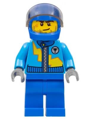 RAC055:  Dark Azure Racing Jacket with Zipper and Yellow Lightning Bolt Pattern, Blue Helmet, Trans-Brown Visor