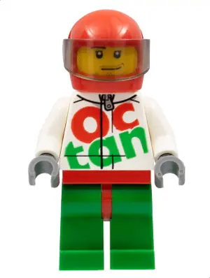 RAC059:  Race Car Driver, White Octan Racing Suit with Silver Zipper, Red Helmet with Trans-Brown Visor, Crooked Smile, Stubble Beard