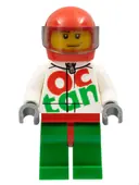 Minifigurka: RAC059:  Race Car Driver, White Octan Racing Suit with Silver Zipper, Red Helmet with Trans-Brown Visor, Crooked Smile, Stubble Beard