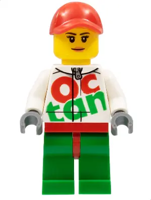 RAC060:  Race Car Female Mechanic, White Octan Racing Suit with Silver Zipper, Red Cap with Hole, Nougat Lips