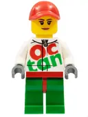 Minifigurka: RAC060:  Race Car Female Mechanic, White Octan Racing Suit with Silver Zipper, Red Cap with Hole, Nougat Lips
