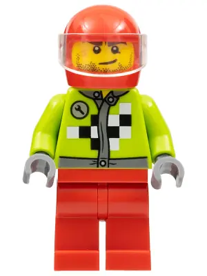 RAC061:  Lime Jacket with Wrench and Black and White Checkered Pattern, Red Legs, Red Helmet, Trans-Clear Visor