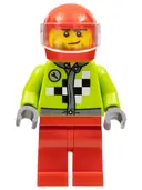 Minifigurka: RAC061:  Lime Jacket with Wrench and Black and White Checkered Pattern, Red Legs, Red Helmet, Trans-Clear Visor