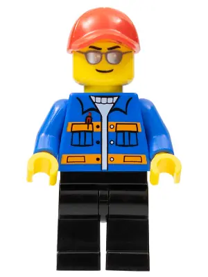 SC010:  Race Marshal - Blue Jacket with Pockets and Orange Stripes, Black Legs, Red Cap with Hole, Silver Sunglasses