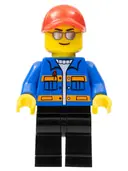 Minifigurka: SC010:  Race Marshal - Blue Jacket with Pockets and Orange Stripes, Black Legs, Red Cap with Hole, Silver Sunglasses