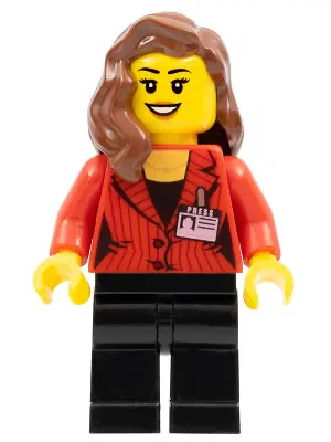 SC011:  Camerawoman - Red Suit Jacket with Press Pass, Black Legs, Reddish Brown Female Hair over Shoulder, Open Mouth Smile with Dark Orange Lips