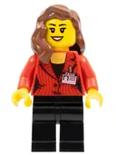 Minifigurka: SC011:  Camerawoman - Red Suit Jacket with Press Pass, Black Legs, Reddish Brown Female Hair over Shoulder, Open Mouth Smile with Dark Orange Lips