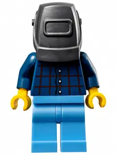 SC020:  Mechanic - Male, Plaid Button Shirt, Medium Blue Legs, Pearl Dark Gray Welding Helmet, Frown and Sweat Drops