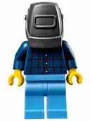 Minifigurka: SC020:  Mechanic - Male, Plaid Button Shirt, Medium Blue Legs, Pearl Dark Gray Welding Helmet, Frown and Sweat Drops
