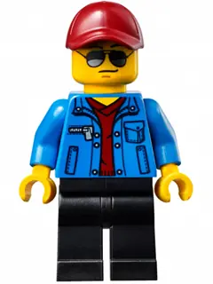 SC021:  Race Official - Male, Blue Jacket over Dark Red V-Neck Sweater, Black Legs, Dark Red Cap with Hole, Sunglasses