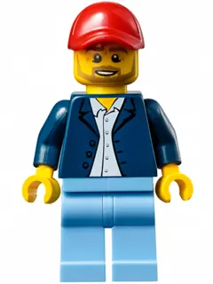 SC026:  Race Official - Male, Dark Blue Blazer over White Button Down Shirt, Medium Blue Legs, Red Cap with Hole, Beard