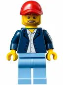 Minifigurka: SC026:  Race Official - Male, Dark Blue Blazer over White Button Down Shirt, Medium Blue Legs, Red Cap with Hole, Beard