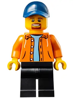 SC029:  Race Official - Male, Orange Jacket Hoodie over Medium Blue Sweater, Black Legs, Dark Blue Cap with Hole, Goatee