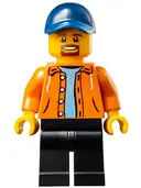 Minifigurka: SC029:  Race Official - Male, Orange Jacket Hoodie over Medium Blue Sweater, Black Legs, Dark Blue Cap with Hole, Goatee