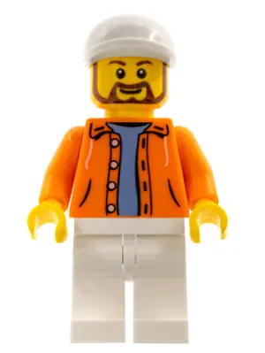 SC040:  Hot Dog Vendor - Orange Jacket Hoodie over Medium Blue Sweater, White Legs, White Short Bill Cap, Beard