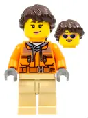 Minifigurka: SC041:  Camerawoman - Orange Safety Jacket, Reflective Stripe, Sand Blue Hoodie, Tan Legs, Dark Brown Hair, Dark Pink Lips