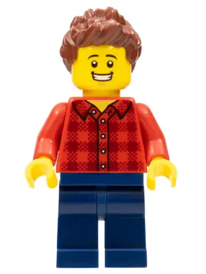 SC047:  Race Fan - Male, Red Plaid Flannel Shirt, Dark Blue Legs, Reddish Brown Spiked Hair, Open Mouth Smile with Teeth