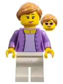 Minifigurka: SC061:  Race Visitor - Female, Medium Lavender Jacket over Lavender Shirt, White Legs, Medium Nougat Ponytail and Swept Sideways Fringe, Dark Pink Lips
