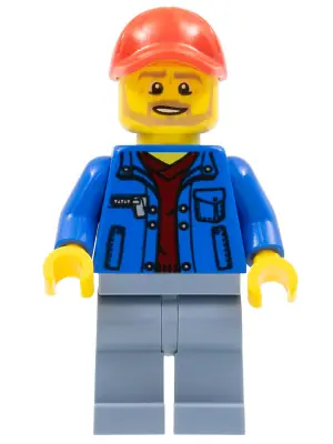 SC073:  Race Marshal - Male, Blue Jacket over Dark Red V-Neck Sweater, Sand Blue Legs, Red Cap with Hole, Beard