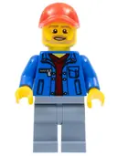 Minifigurka: SC073:  Race Marshal - Male, Blue Jacket over Dark Red V-Neck Sweater, Sand Blue Legs, Red Cap with Hole, Beard